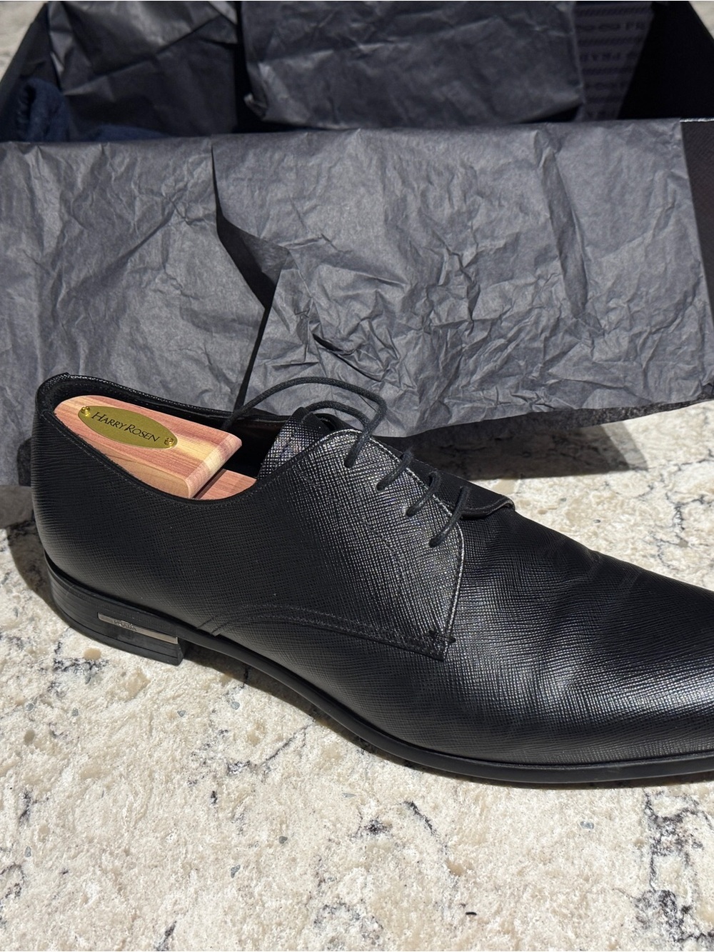 Prada Black Textured Leather Derby Shoe